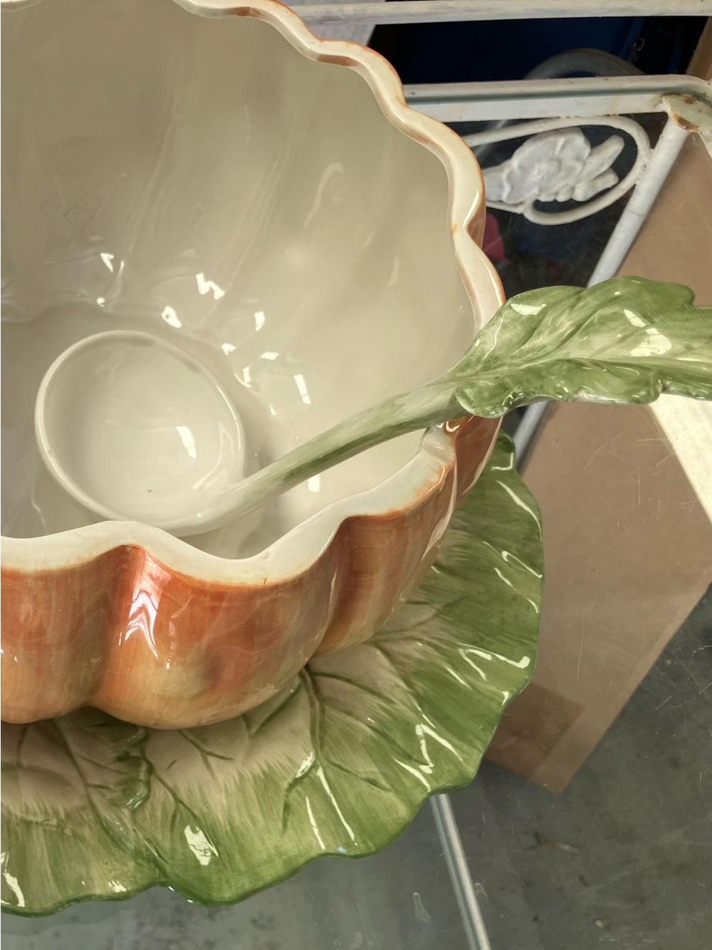 Ceramic Pumpkin Bowl with Green Leaf Underplate - Cream and Orange